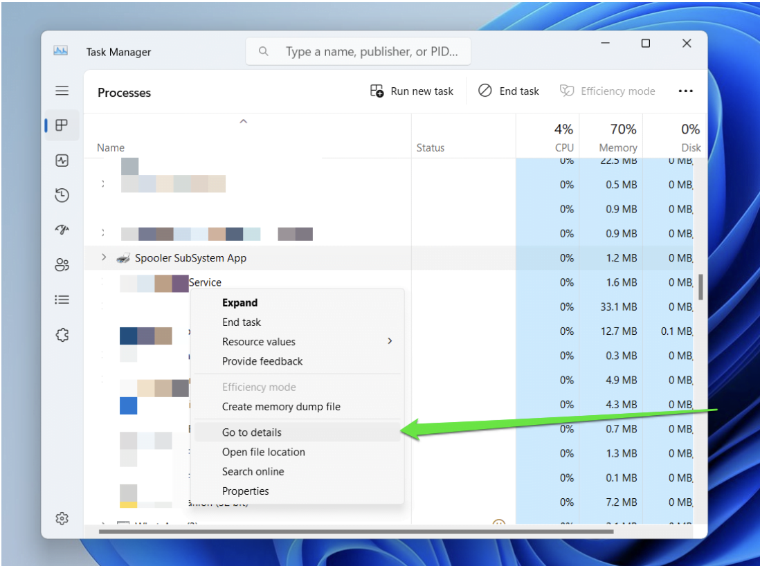 Right-click the process and select Go to Details